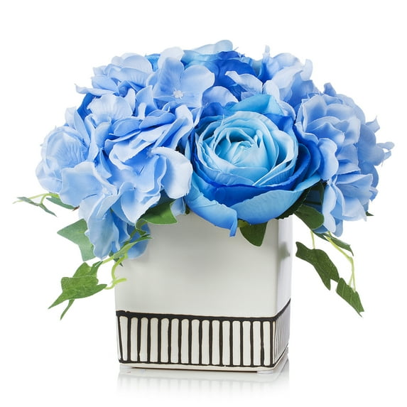 Enova Home Mixed Artificial Hydrangea and Rose Silk Flowers Arrangement in White Ceramic Pot (Blue)