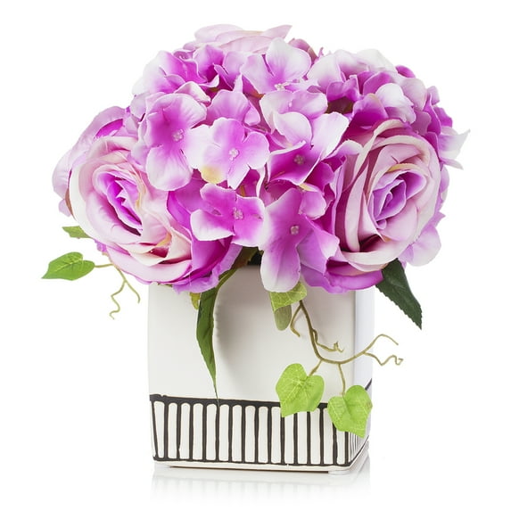 Enova Home Mixed Artificial Hydrangea and Rose Silk Flowers Arrangement in White Ceramic Pot (Purple)