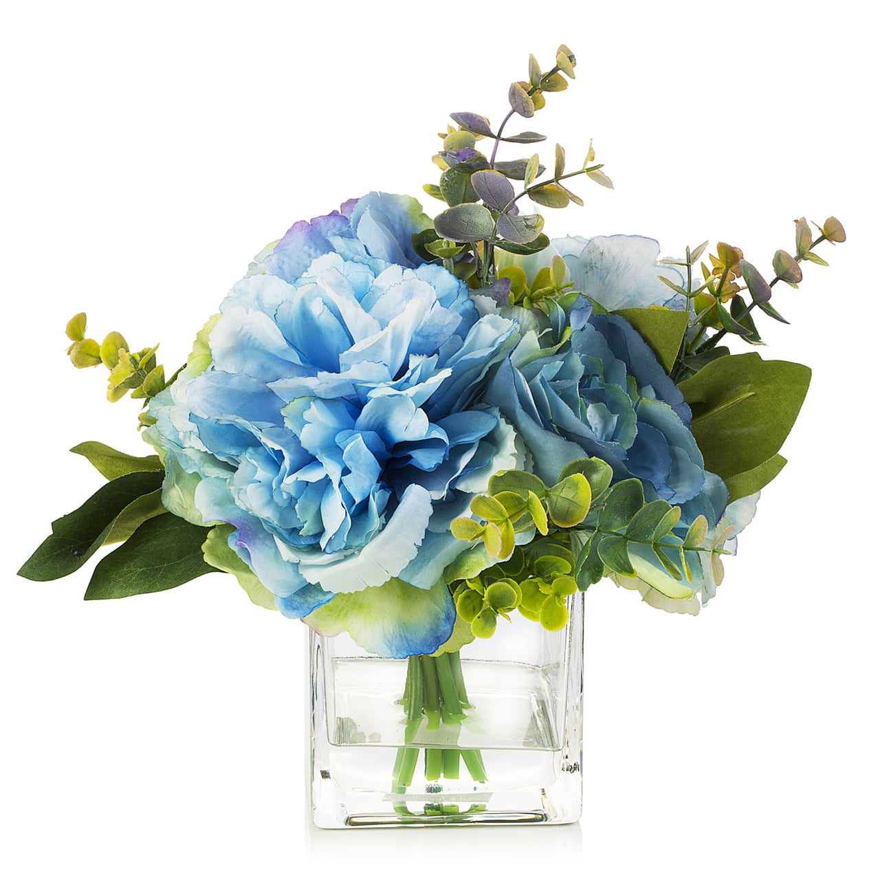 Blue Faux Silk Peony and Rose Arrangement in Glass Vase