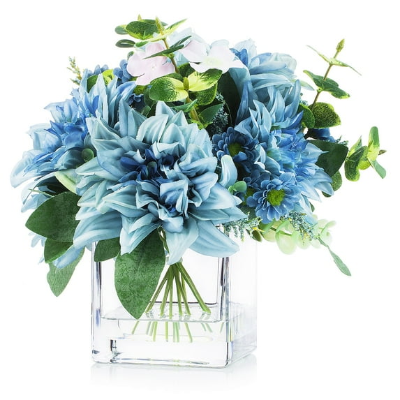 Enova Home Mixed Artificial Silk Dahlia Flowers Arrangement in Cube Glass Vase With Faux Water For Home Office Decoration (Blue)