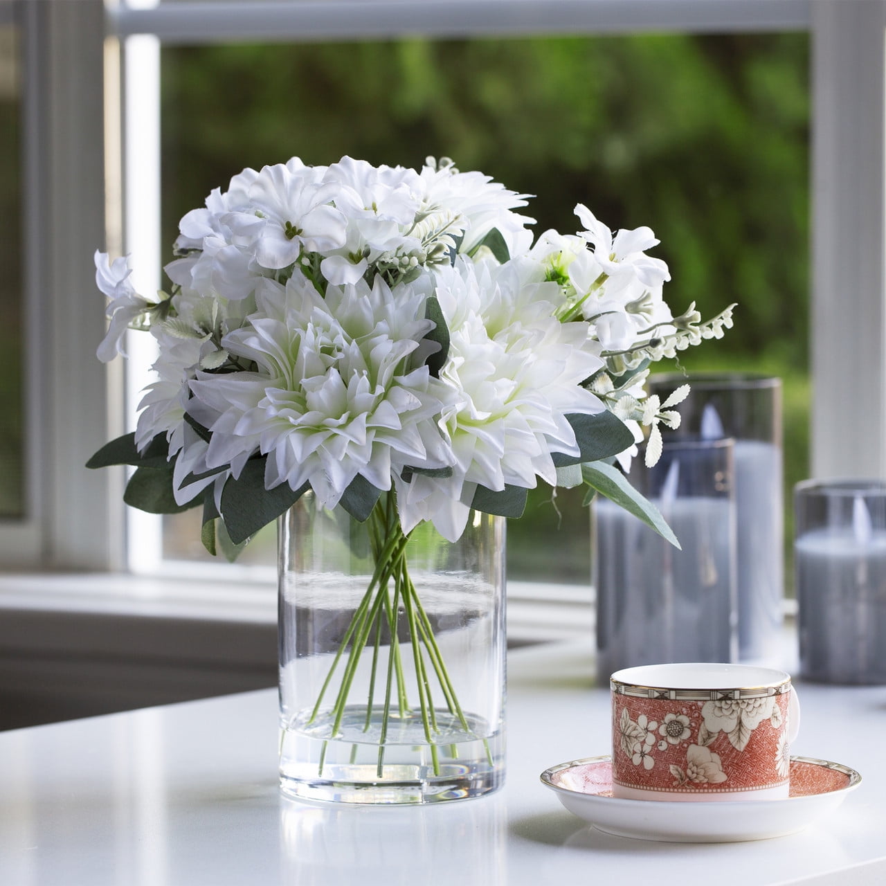 Cream Silk Dahlia and Mixed Floral Arrangement in Clear Glass Vase