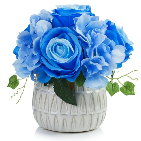 Enova Home Mixed Artificial Silk Hydrangea and Roses Faux Flowers Arrangement in Ceramic Pot for Home Office Wedding Decoration (Blue)