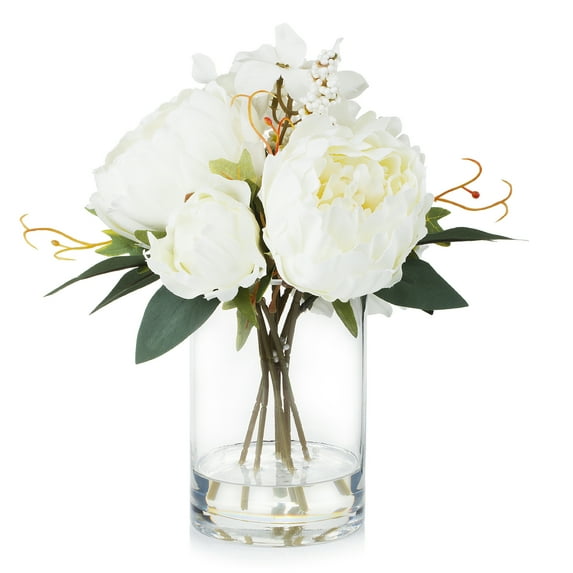Enova Home Mixed Artificial Silk Peony and Hydrangea Flowers Arrangement in Cube Glass Vase With Faux Water (Cream)