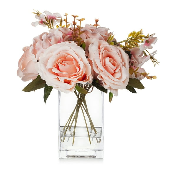 Enova Home Mixed Artificial Silk Rose Flower in Rectangle Glass Vase, Fake Floral Arrangement in Vase with Faux Water (Pink)