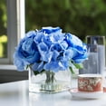 thumbnail image 1 of Enova Home Mixed Artificial Silk Rose and Hydrangea Flowers in Clear Cube Glass Vase with Faux Water (Blue), 1 of 4