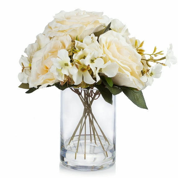 Enova Home Mixed Artificial Silk Roses Faux Flowers Arrangement in Cylinder Glass Vase with Acrylic Water for Home Office Wedding Decoration (Beige)