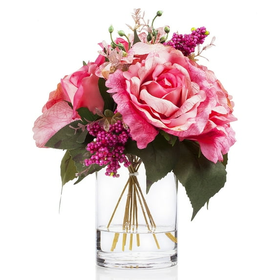 Enova Home Mixed Artificial Silk Roses Flowers Arrangement in Clear Glass Vase with Faux Water (Pink)