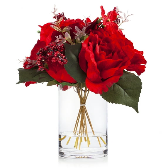 Enova Home Mixed Artificial Silk Roses Flowers Arrangement in Clear Glass Vase with Faux Water (Red)