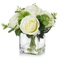 thumbnail image 1 of Enova Home Mixed Artificial Silk Roses and Eucalyptus Leaves Fake Flower Arrangement in Cube Glass Vase with Faux Water for Home Office Wedding Decór, 1 of 4