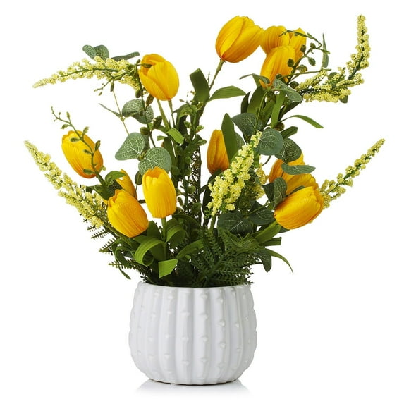 Enova Home Artificial Mixed Silk Tulips Fake Flowers in White Ceramic Pot for Home Office Wedding Decoration - N/A Yellow