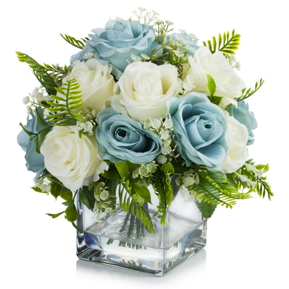 Enova Home Mixed Blue and Cream Artificial Silk Roses Faux Flowers Arrangement in Cube Glass Vase for Home Wedding Decoration