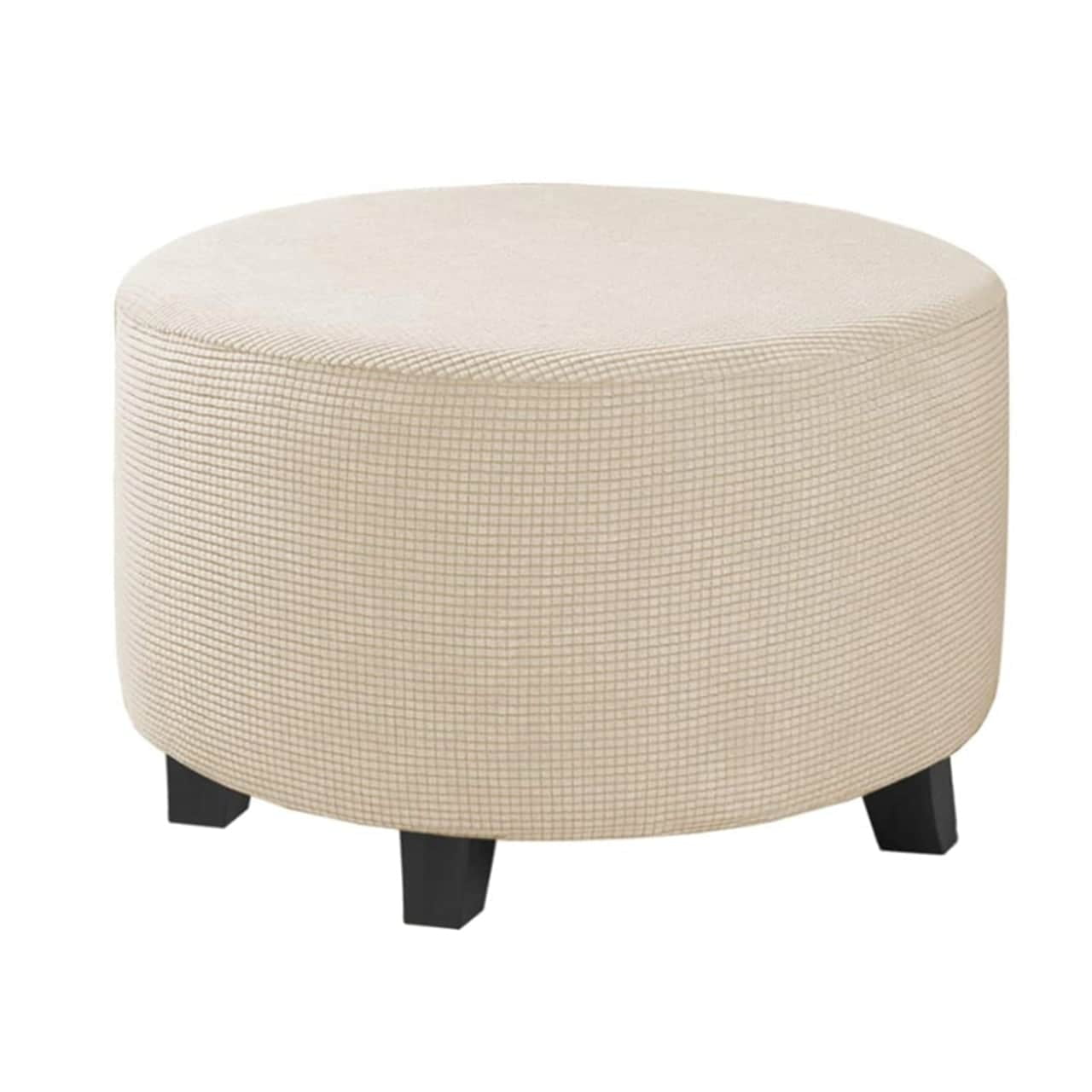 Ivory White Stretch Jacquard Round Ottoman Slipcover