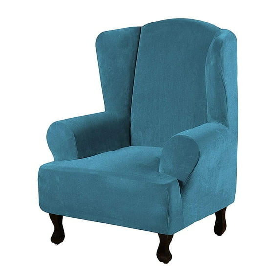 Enova Home Super Stretch Velvet Slip Resistant Stylish Wingback Chair Slipcover with Elastic Bottom (Peacock Blue)