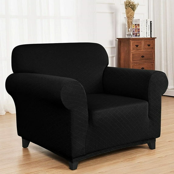 Enova Home Ultra Soft Rhombus Jacquard Polyester Spandex Fabric 1 Seater Box Cushion Armchair Slipcovers (Black)