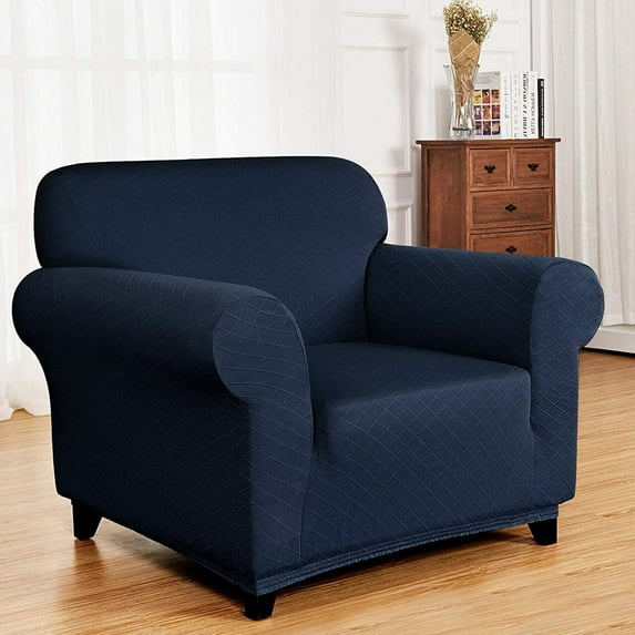 Enova Home Ultra Soft Rhombus Jacquard Polyester Spandex Fabric 1 Seater Box Cushion Armchair Slipcovers (Dark Blue)