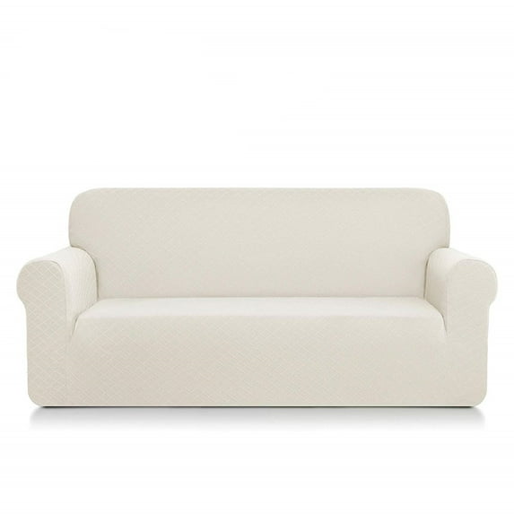 Enova Home Ultra Soft Rhombus Jacquard Polyester Spandex Fabric 2 Seaters Box Cushion Loveseat Slipcovers (Ivory)