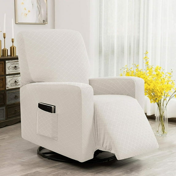 Enova Home Ultra Soft Rhombus Stretch Fabric Recliner Slipcover with Elastic Bottom Side Pocket (Ivory)