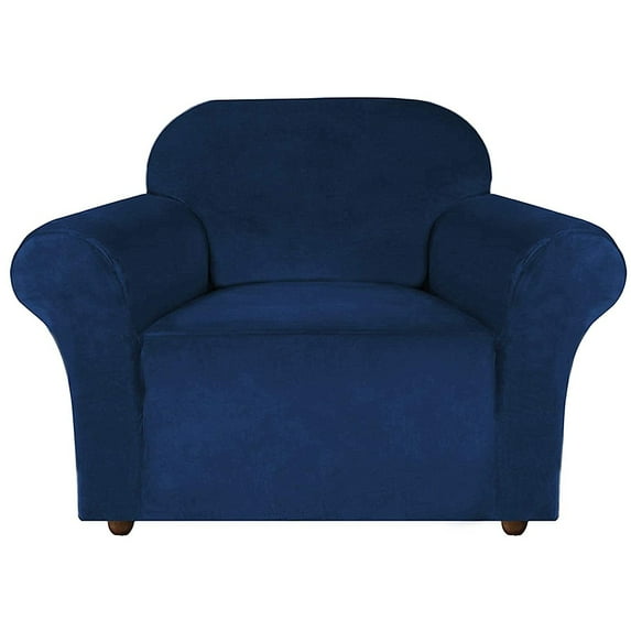 Enova Home Ultra Soft Thick Stretch Velvet Fabric 1 Seater Armchair Slipcover for Living Room (Dark Blue)