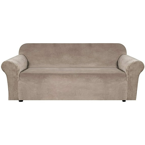 Enova Home Ultra Soft Thick Stretch Velvet Fabric 3 Seaters Sofa Slipcover for 5 Cushion Couch Covers (Taupe)