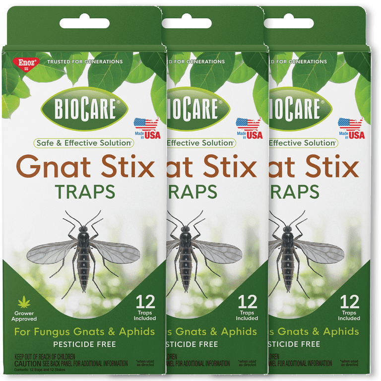 Enoz BioCare Gnat Stix Traps, For Fungus Gnats and Aphids, 12 Count, 3 Pack