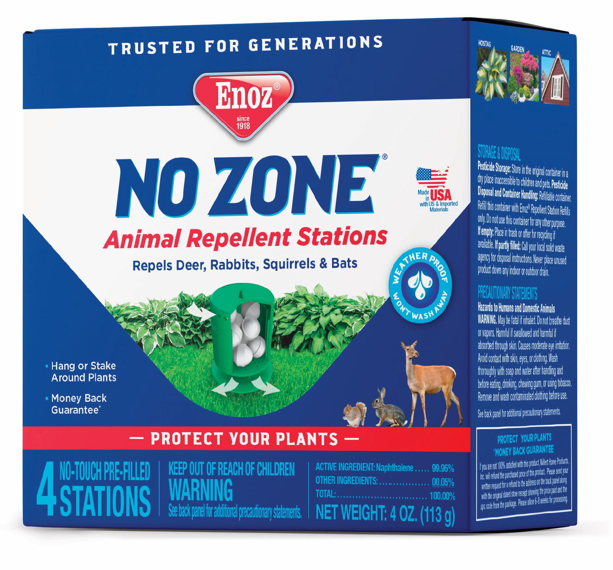 Enoz No Zone Indoor and Outdoor Animal Repellent Stations, Naphthalene Repellent, 4 oz, 4 Count