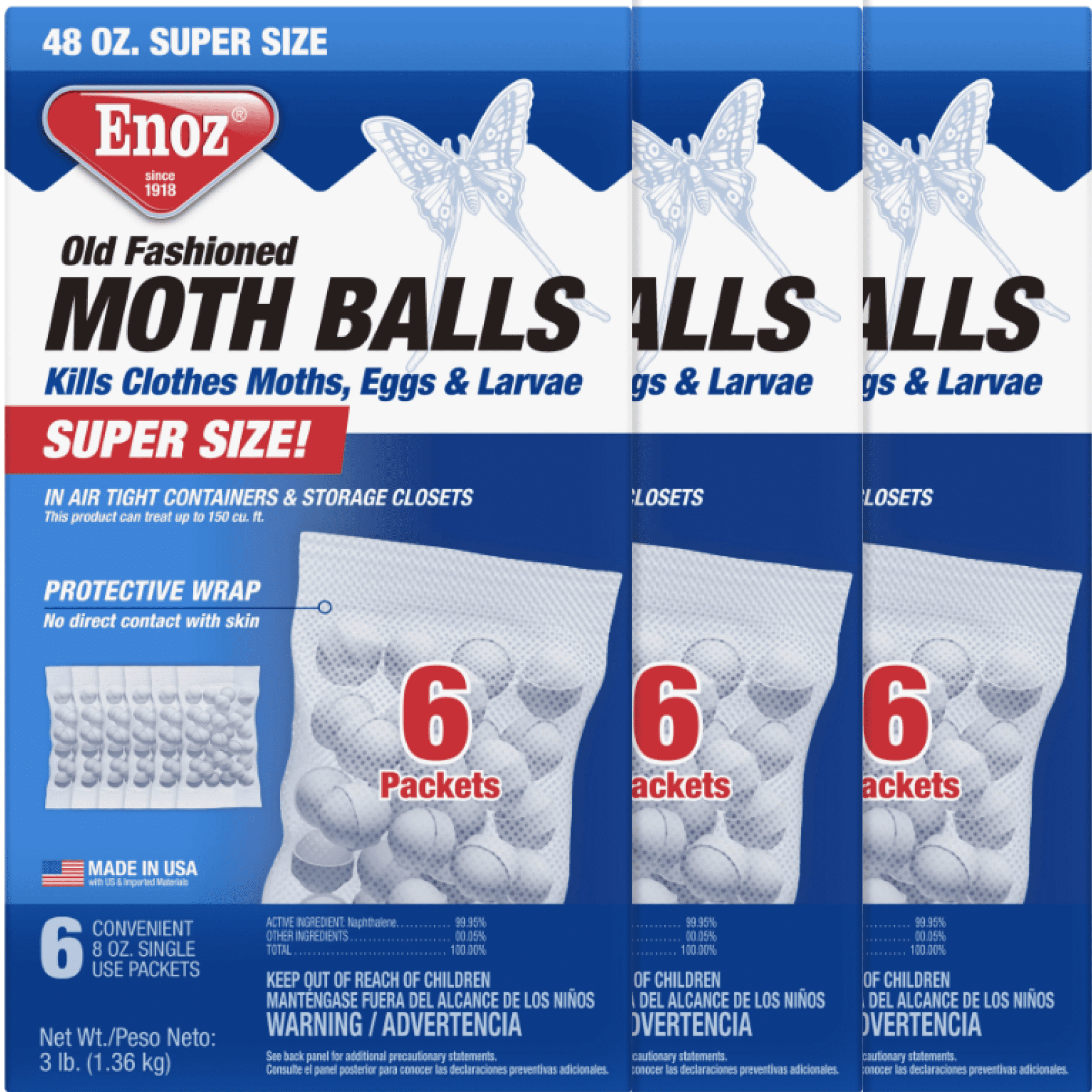 Enoz Old Fashioned Moth Balls 48 Ounce, 6 Single Use 8 Ounce, 3 Pack