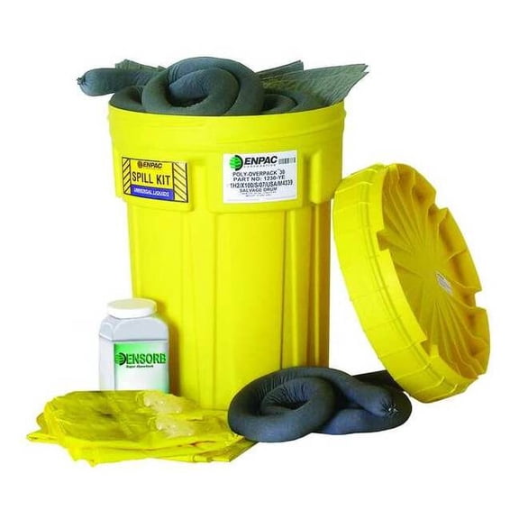 Spill Kit, 28 gal Volume Absorbed per Kit, 30 gal Capacity, Drum, Yellow, 58
