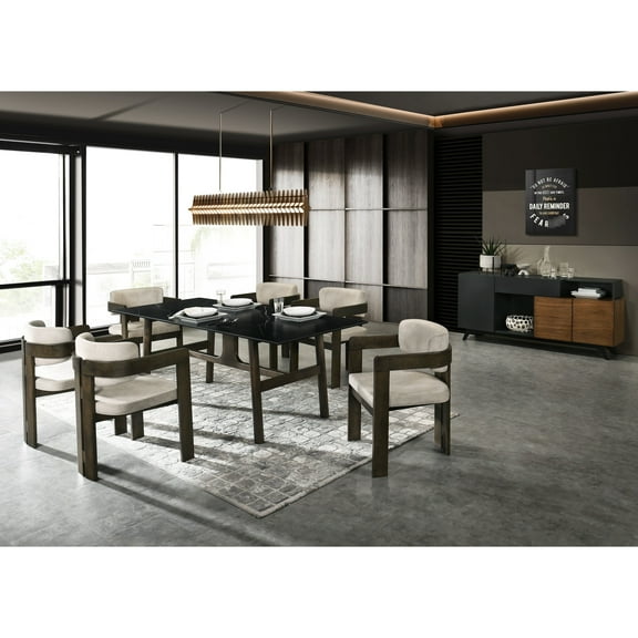 Enrapturing And Stylish Dining Table - Tempered Glass & Top Cool Synthetic Wood, Ceramic Surface, Walnut Accents
