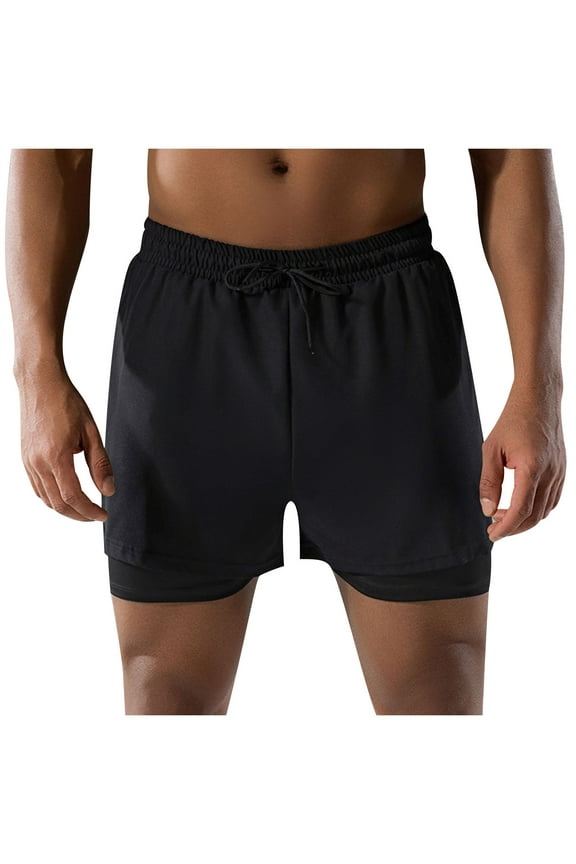 2 in 1 Shorts for Men Quick Dry Athletic Running Hiking Solid Color Elastic Waist Short Pant with Liner