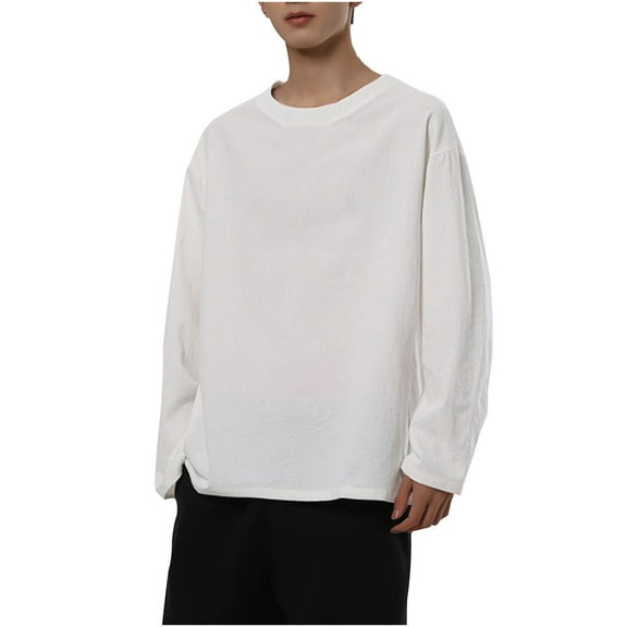 Enridrech Baggy Shirts for Men Casual Stylish Comfort Breathable Crew Neck Long Sleeve Cotton Tee Top Solid Color Shirt