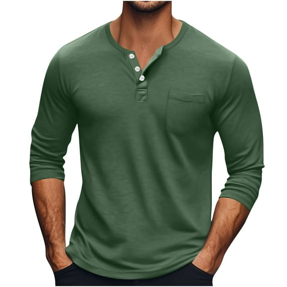 Enridrech Big and Tall Tee for Men Casual Stylish Long Sleeve Tops Button up Crew Neck Basic T Shirt with Pockets