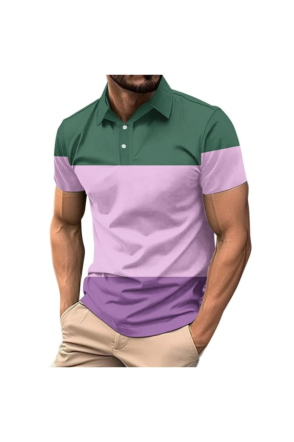 Big and Tall for Mens Casual Tee with Button Collared Short Sleeve Tops for Men Comfort Color Block Tshirt