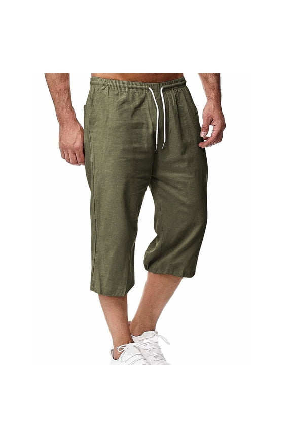 Cotton Linen Capris Pant for Men Summer Straight Leg Baggy Capri Shorts with Drawstring Elastic Waist