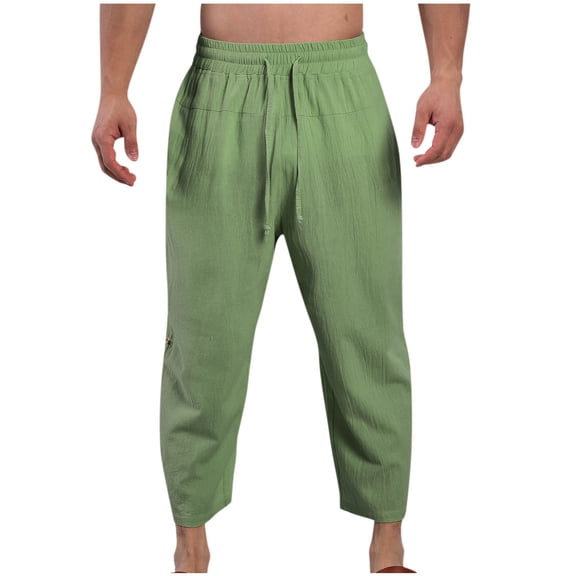 Enridrech Men's Casual Stylish Cropped Pants Summer Comfort Breathable Cotton Linen Pant with Drawstring Elastic Waist