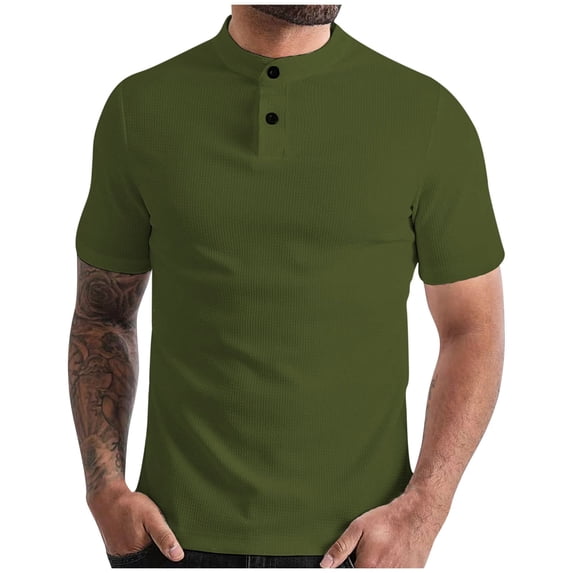 Enridrech Mens Short Sleeve Tee Top Casual Solid Color Crew Neck Tshirt with 2 Button Summer Breathable Work Clothes