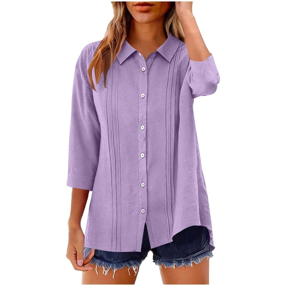 Enridrech Summer Button down Blouse Top Comfy Casual Loose Stylish Pleated Collared Short Sleeve Tops for Women