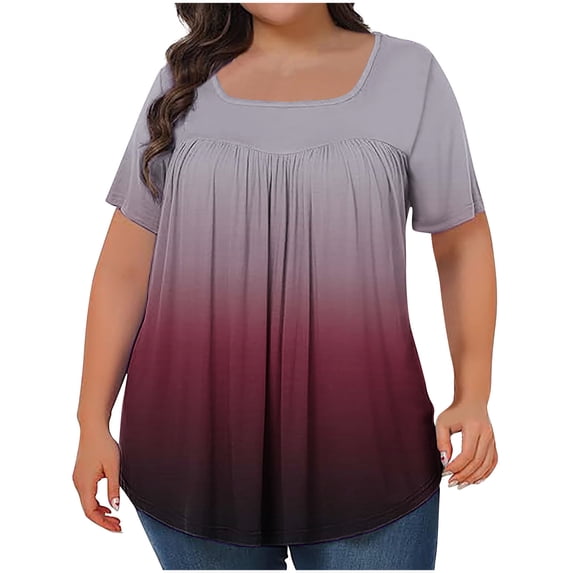 Enridrech Womens Plus Size Top Short Sleeve Tee Tops Square Neck Tunic T Shirt Fashion Pleated Hem Blouse L-5XL