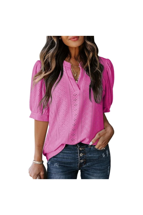 Womens V Neck Blouse Tops Comfy Casual Fashion Puff Sleeve Top Summer Breathable Solid Color Shirts