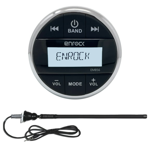 Enrock EM856 Gauge Mount Media Center Marine Grade Bluetooth Receiver Bundle Combo With Long Range Black Flexible Rubber Mast AM/FM Boat Yacht Radio Antenna