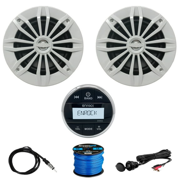 Enrock EM856 Gauge Mount Media Center Marine-Grade Receiver, 2 x EnrockMarine 6.5" 2-Way 180W Speakers (White), USB/3.5MM Auxiliary Interface Mount, Radio Antenna, Speaker Wire