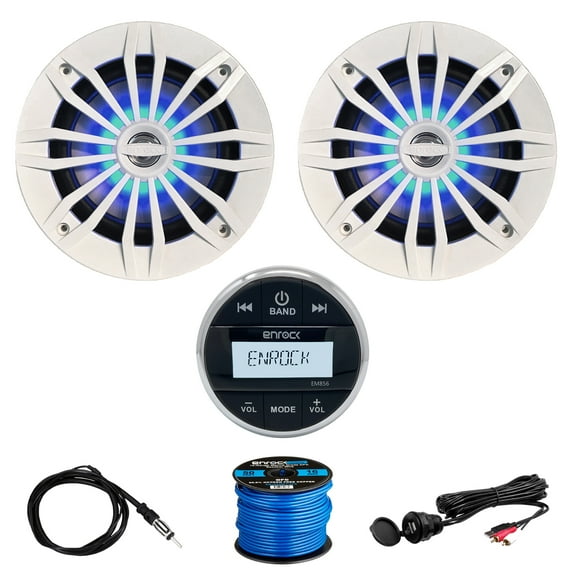 Enrock EM856 Gauge Mount Media Center Marine-Grade Receiver, 2 x EnrockMarine 6.5" 2-Way 180W Speakers (White) w/ Blue LEDs, Auxiliary Interface Mount, Radio Antenna, Speaker Wire