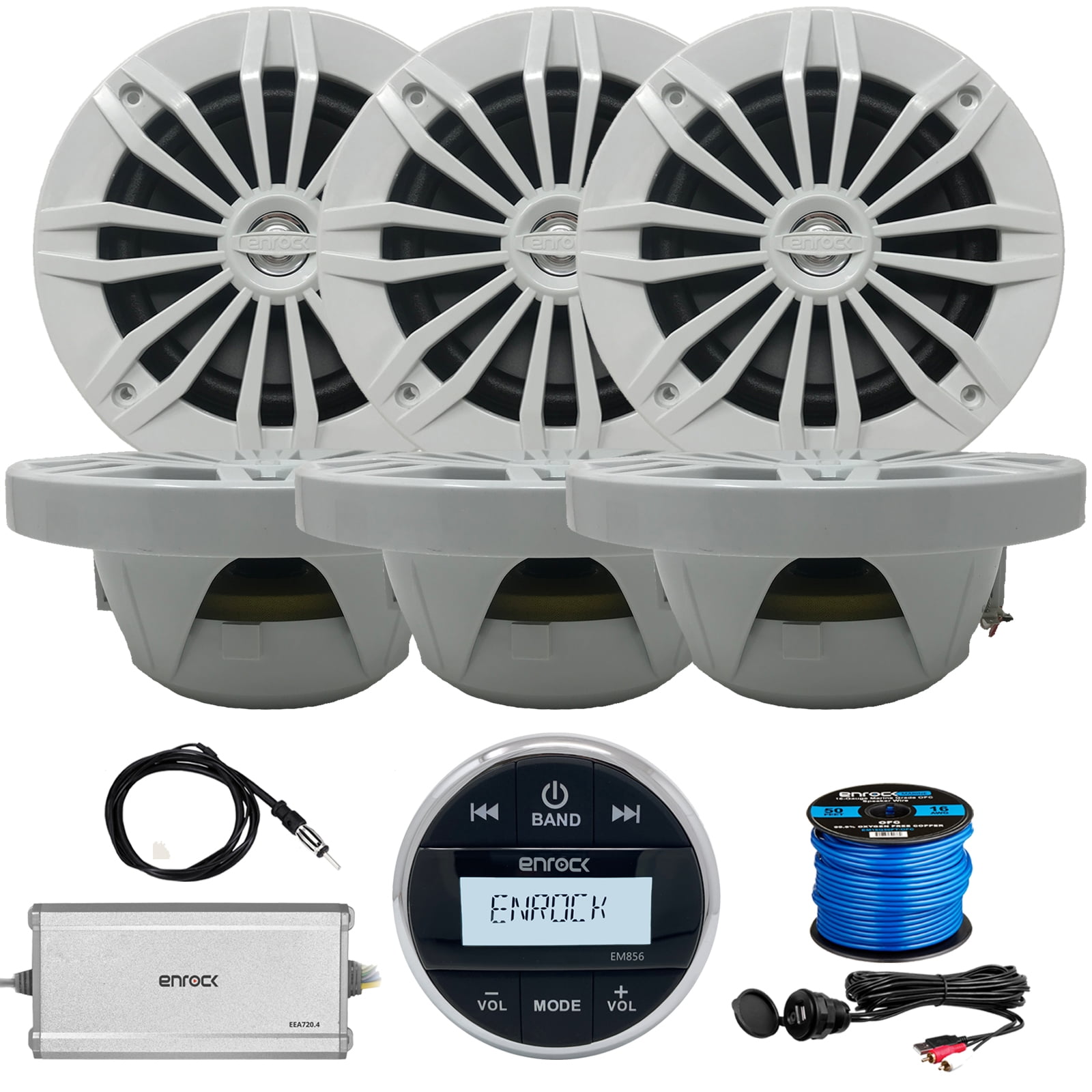 Enrock EM856 Gauge Mount Media Center Marine-Grade Receiver, 6 x EnrockMarine 6.5" 2-Way 180W Speakers (White),  4-Channel 45W RMS @ 4 Ohms Powersports Amplifier, Other Accessories