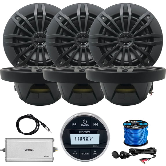 Enrock EM856 Gauge-Style Multimedia Marine-Grade Receiver, 6 x EnrockMarine 6.5" 2-Way 180W Speakers (Black), 4-Channel 45W RMS @ 4 Ohms Powersports Amplifier, Other Accessories