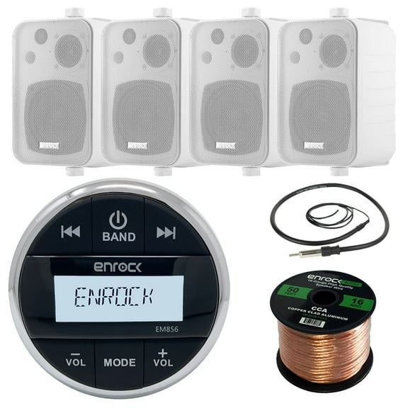 Enrock EM856 Waterproof Bluetooth Marine Gauge Style MP3 Stereo Receiver Bundle Combo With 4x Magnadyne Ceiling/Wall Mount Satellite Box Speaker + Enrock AM/FM Radio Antenna + 50Ft Speaker Wire