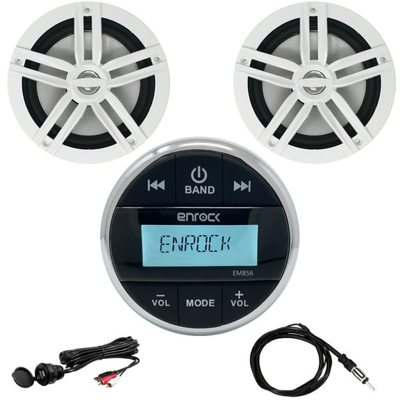 Enrock Gauge Style Media Center Marine Grade Bluetooth Receiver, 2 x Enrock 2-Way High-Performance 6.5" Water-Resistant Loudspeakers (White), AUX Interface Mount, Radio Antenna