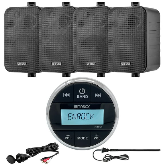 Enrock Gauge Style Media Center Marine Grade Bluetooth Receiver, 4 x Enrock 4" 3-Way Indoor/Outdoor Box-Speakers Audio System (Black), Auxiliary Interface Mount, Radio Antenna