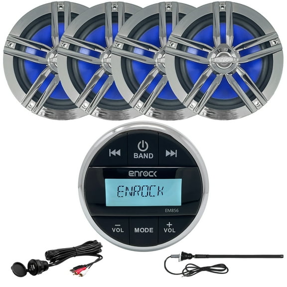 Enrock Multimedia Gauge Mount Marine Grade Bluetooth Receiver, 4 x Enrock 2-Way High-Performance 6.5" Water-Resistant Loudspeakers (Charcoal), AUX Interface Mount, Radio Antenna