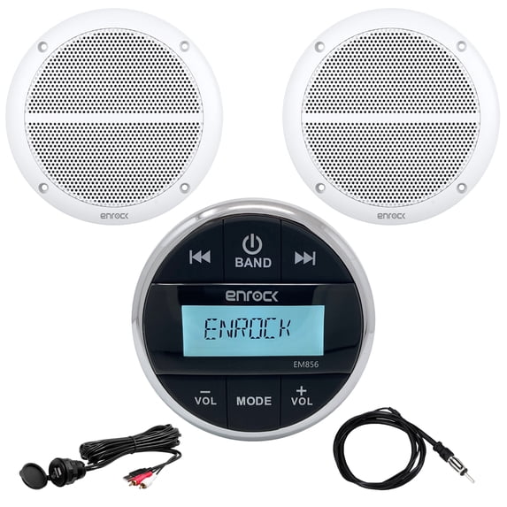 Enrock Multimedia Gauge Style Marine Grade Bluetooth Receiver, 2 x Enrock 2-Way 6.5" Weather-Resistant Full-Range Speakers (White), Auxiliary Interface Mount, Radio Antenna