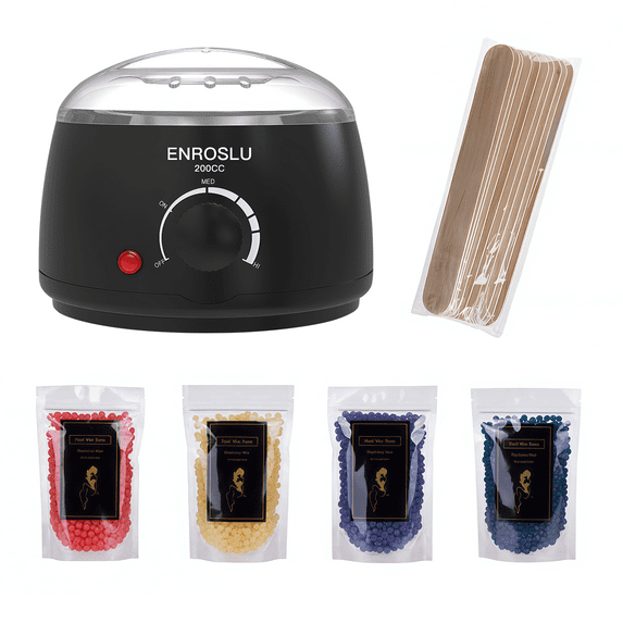 Enroslu Hard Wax Warmer Kit for Women & Men - 14oz (4 Bags) Wax Beans for Bikini, Brazilian, Face, Full Body - At-Home Hair Removal Kit