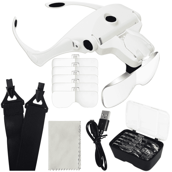 Enroslu Head Magnifying Visor with 2 LED Lights and 5 Detachable Lenses 1X, 1.5X, 2X, 2.5X 3.5X - Hands-Free Headband Magnifier Glass for Jewelry, Arts, Crafts and Close Work